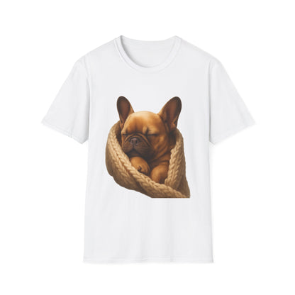 White t-shirt with a graphic of a dog in a bag on a white background