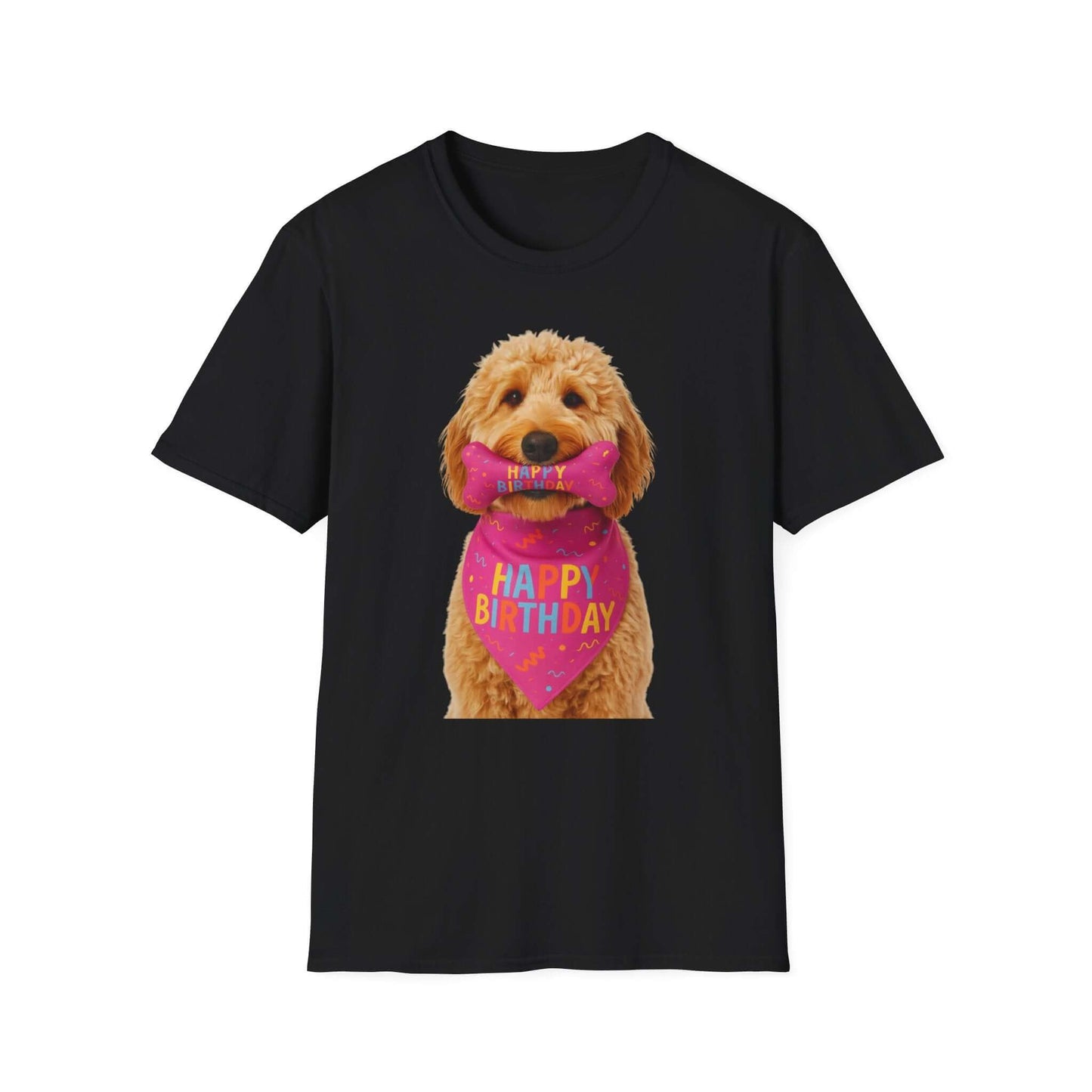 Birthday Dog T-Shirt featuring a cute dog in a party scarf, perfect for dogs' birthday celebrations and pet supplies.