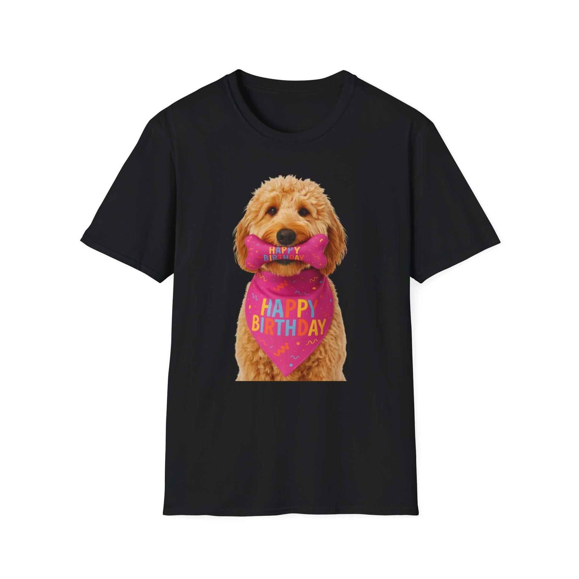 Birthday Dog T-Shirt featuring a cute dog in a party scarf, perfect for dogs' birthday celebrations and pet supplies.