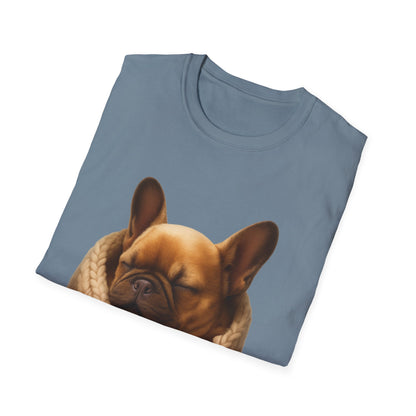 Folded blue t-shirt with a brown dog design on a white background