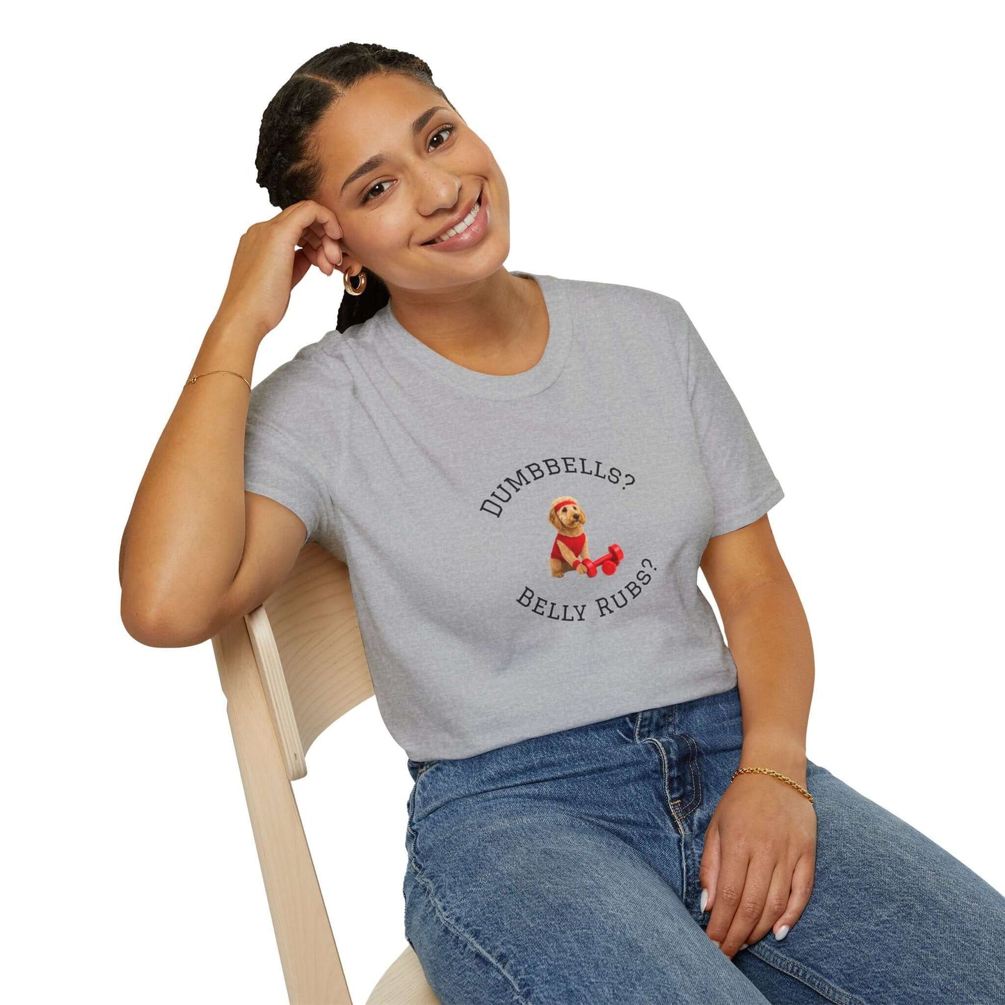 Goldendoodle Dog Lover Workout Tee – “Belly Rubs or Dumbbells?” worn by a smiling woman, showcasing love for pets and fitness.