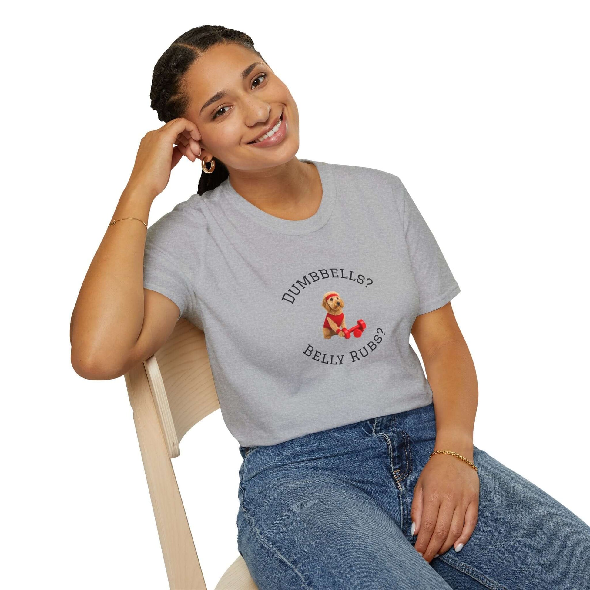 Goldendoodle Dog Lover Workout Tee – “Belly Rubs or Dumbbells?” worn by a smiling woman, showcasing love for pets and fitness.