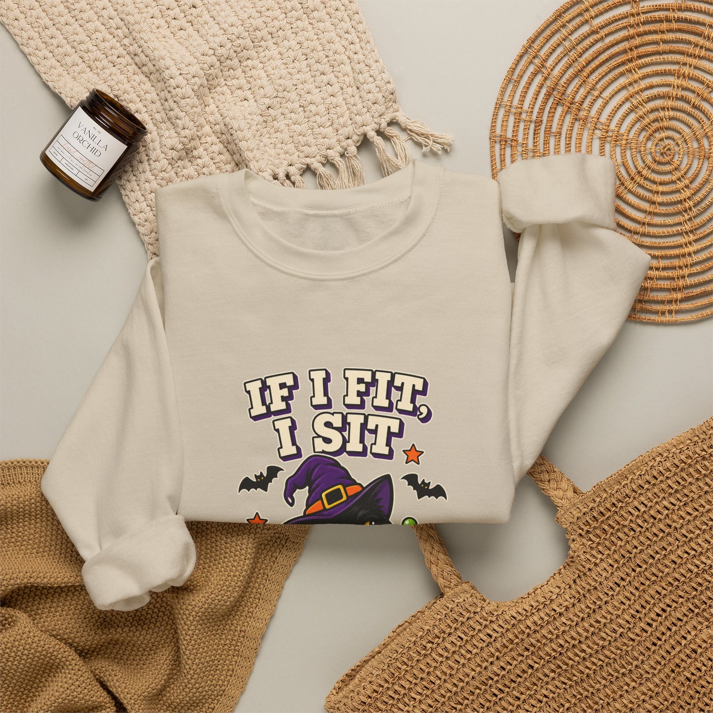 If I Fit, I Sit Witch Cat Halloween Sweatshirt – Cauldron Cat Crewneck
