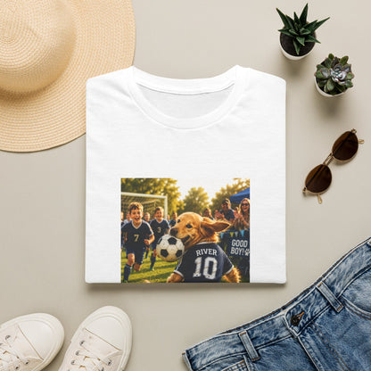 A folded white T-shirt is displayed in a styled flat lay on a light beige surface, surrounded by a straw hat, white sneakers, blue jeans, small potted succulents, and sunglasses. The shirt features a custom printed graphic of a golden retriever dog wearing a soccer jersey with the number 10 and the name 'RIVER'.