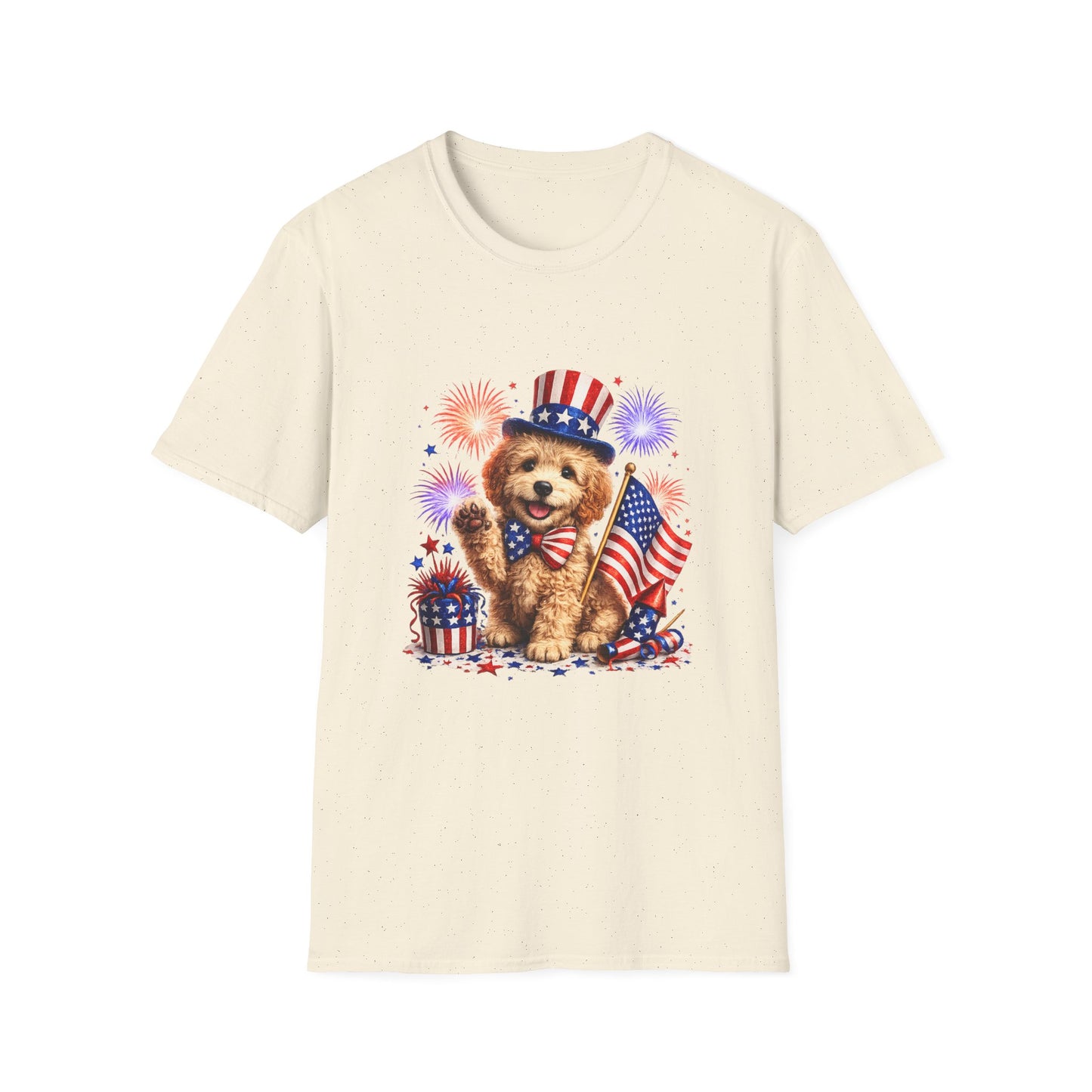 Beige t-shirt with a bear holding an American flag and fireworks design on a white background