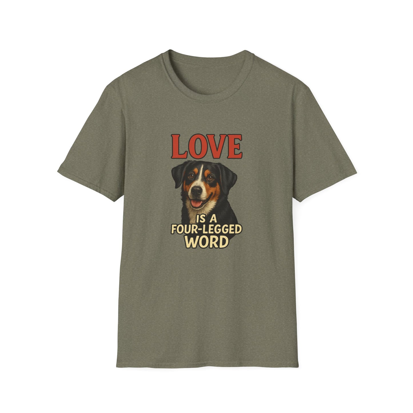 Green t-shirt with a dog graphic and text on a white background