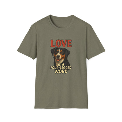 Green t-shirt with a dog graphic and text on a white background