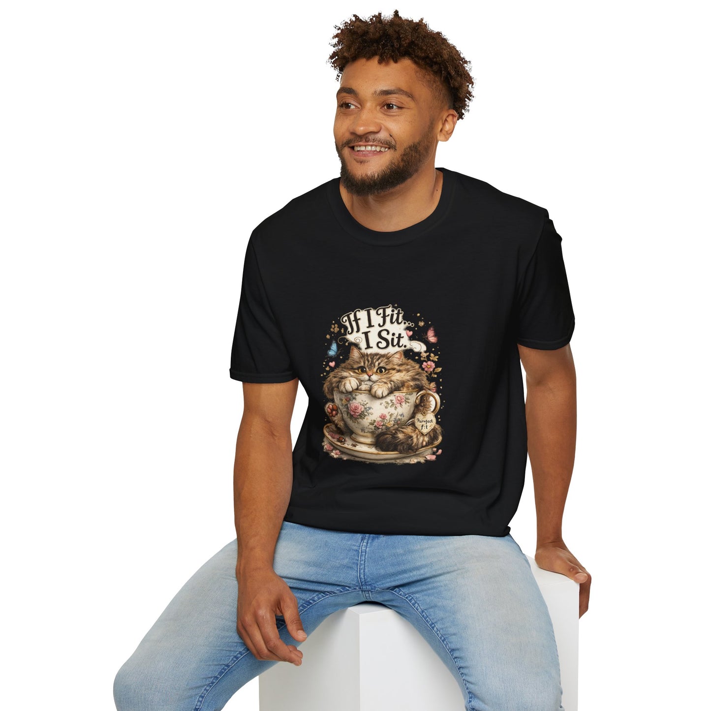 If I Fit... I Sit.™ Coffee Cup Cat Shirt | Funny Coffee Lover Kitty Tee | Cute Cat Lover Gift