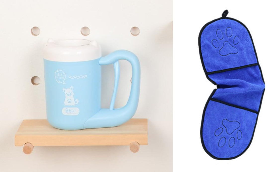 Blue mug on a wooden shelf with a blue eye mask featuring paw prints on a white background.