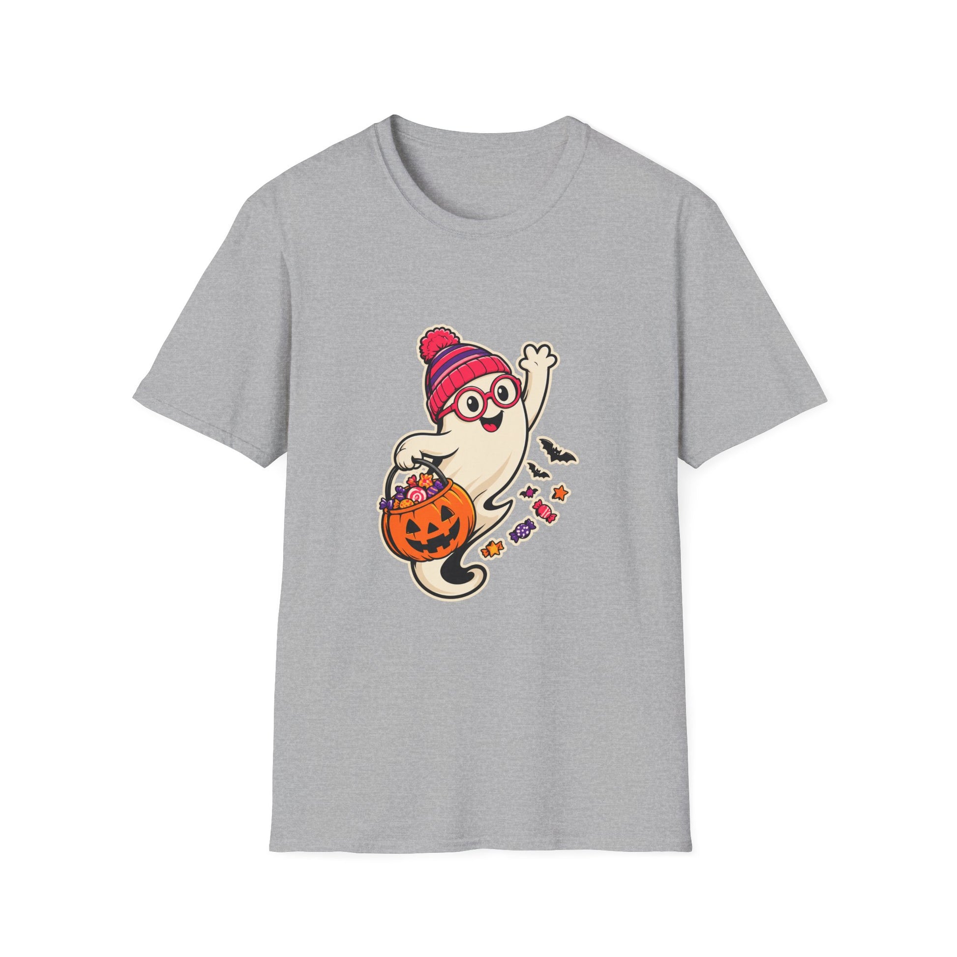 A light gray short-sleeve crewneck t-shirt featuring a cartoon graphic of a friendly ghost wearing a red and pink striped beanie and glasses, holding an orange jack-o'-lantern bucket filled with candy.