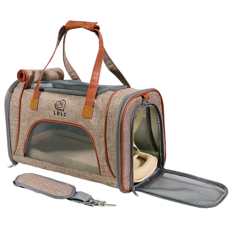 Pet carrier with brown and gray design on a white background