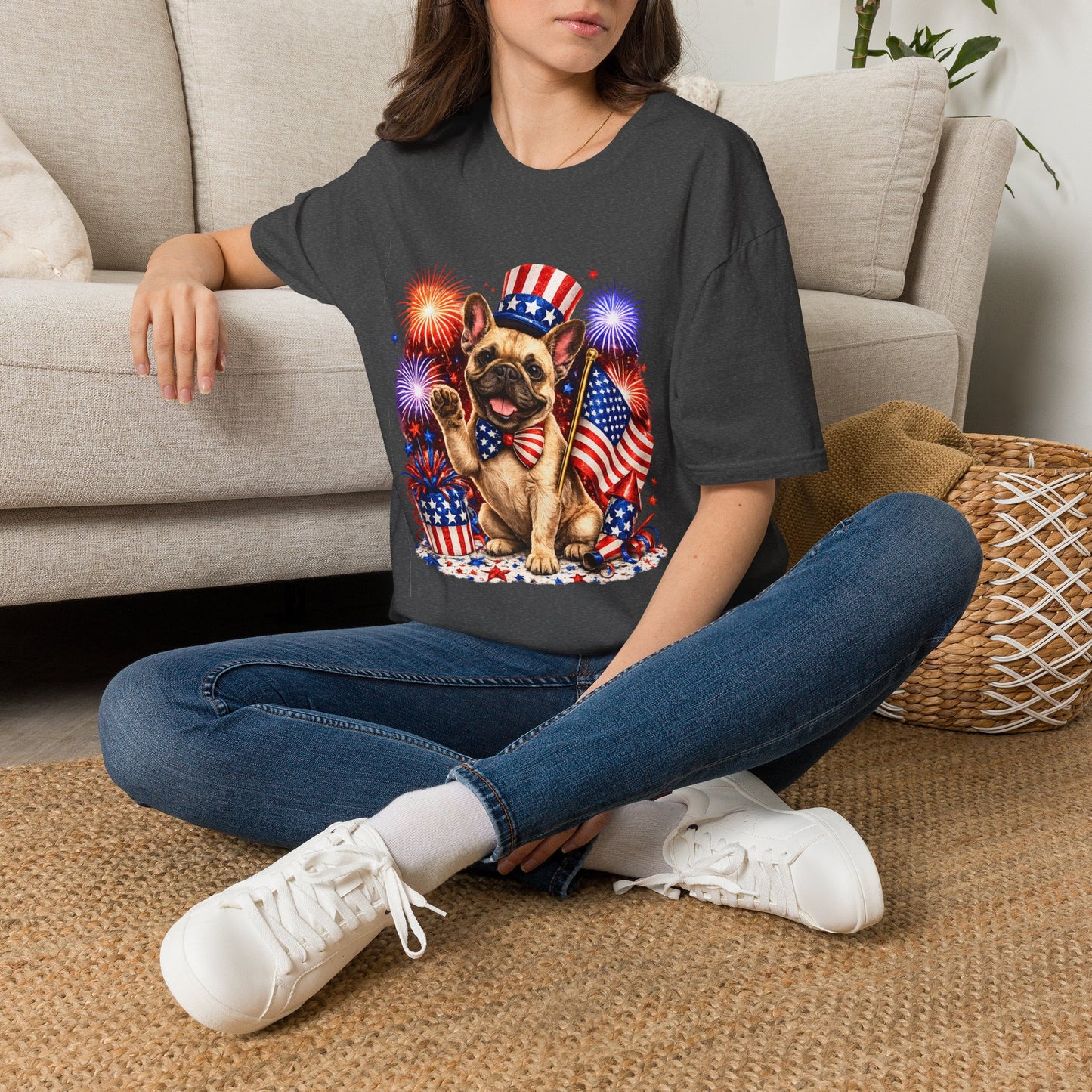 Person wearing a t-shirt with a dog graphic and American flag design, sitting on a carpeted floor.