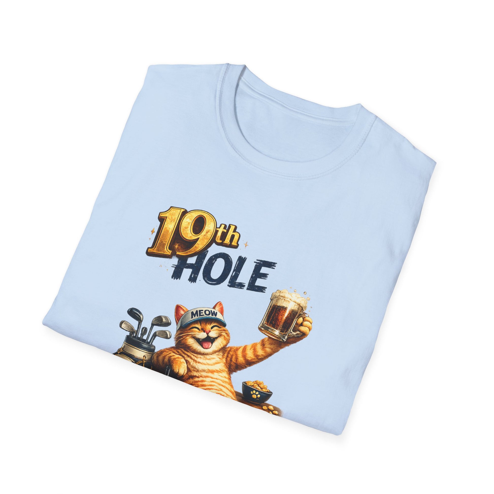 19th Hole funny cat golf T-shirt in light blue with orange tabby golfer