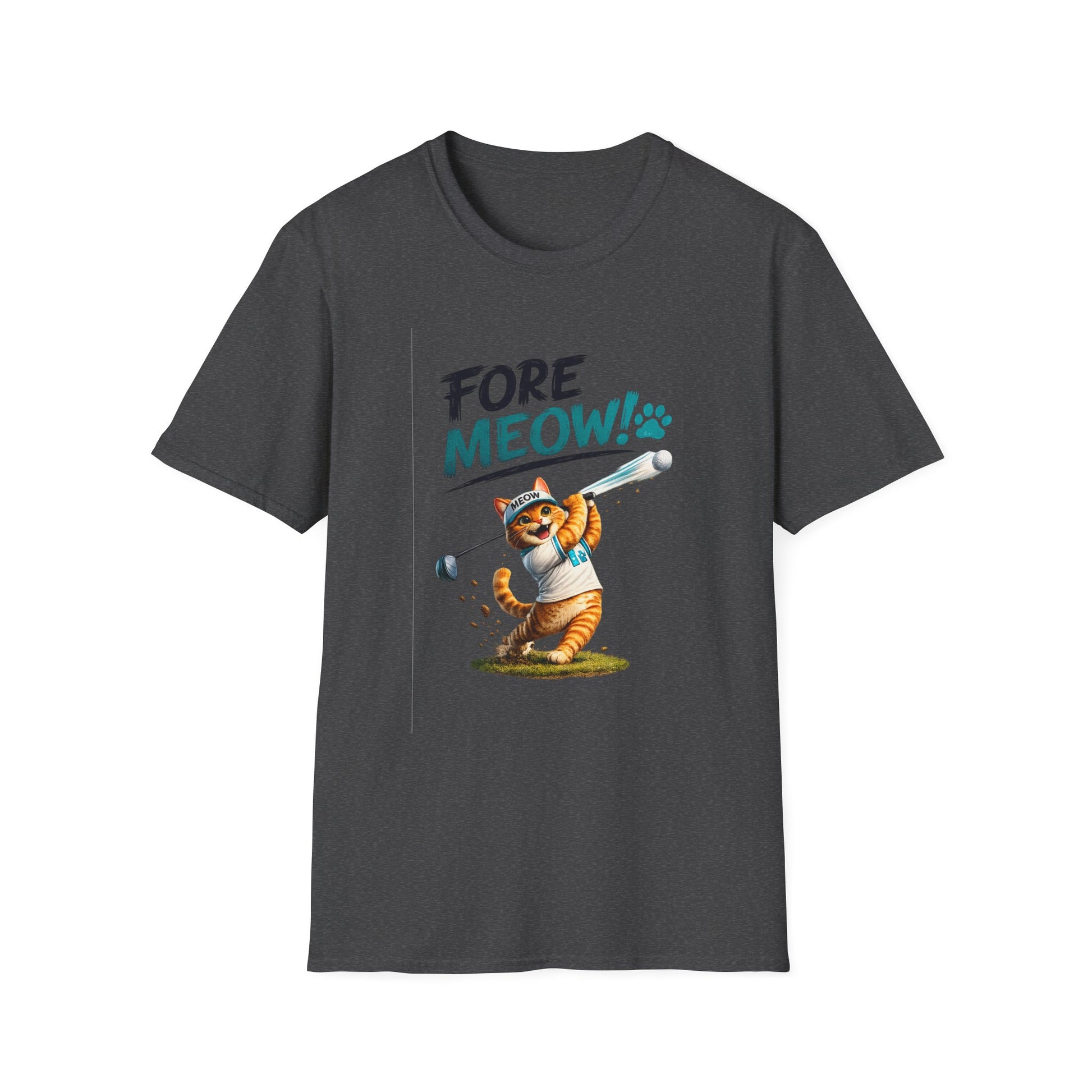 A dark gray crewneck t-shirt featuring a cartoon graphic of an orange tabby cat playing baseball with the text 'FORE MEOW!' printed on the front.