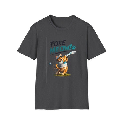 A dark gray crewneck t-shirt featuring a cartoon graphic of an orange tabby cat playing baseball with the text 'FORE MEOW!' printed on the front.
