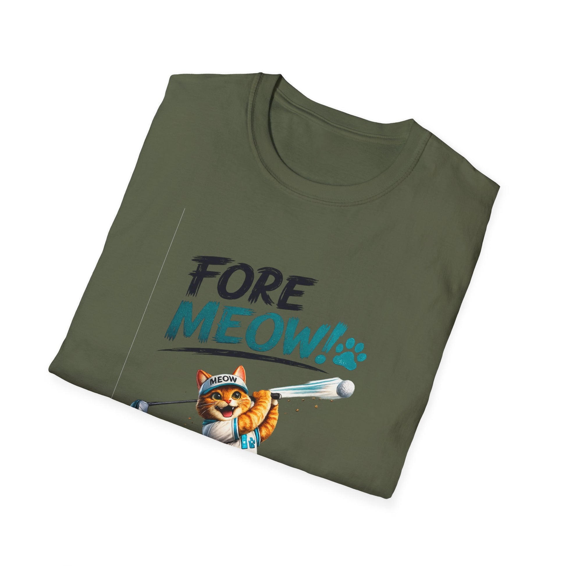 An olive green folded t-shirt with a graphic print that reads 'FORE MEOW!' in black and teal lettering, featuring an illustration of an orange tabby cat wearing a baseball uniform and swinging a bat, set against a plain white background.
