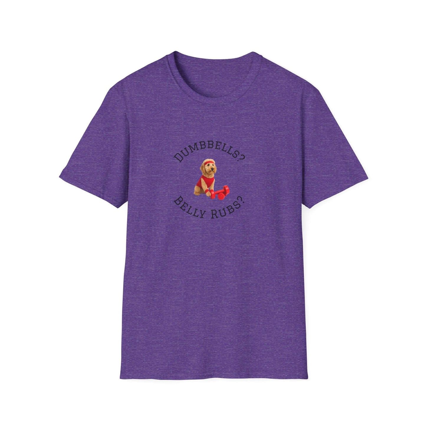 Goldendoodle Dog Lover Workout Tee – “Belly Rubs or Dumbbells?” purple shirt with dog and weights design.