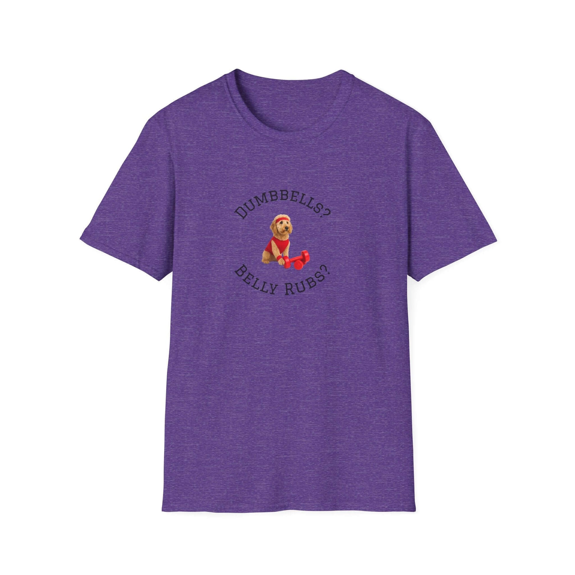 Goldendoodle Dog Lover Workout Tee – “Belly Rubs or Dumbbells?” purple shirt with dog and weights design.