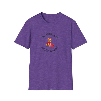 Goldendoodle Dog Lover Workout Tee – “Belly Rubs or Dumbbells?” purple shirt with dog and weights design.