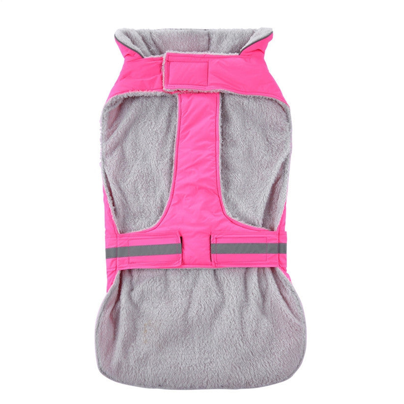 Gray and pink dog coat with reflective stripes on a white background