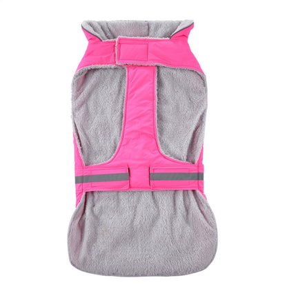 Gray and pink dog coat with reflective stripes on a white background