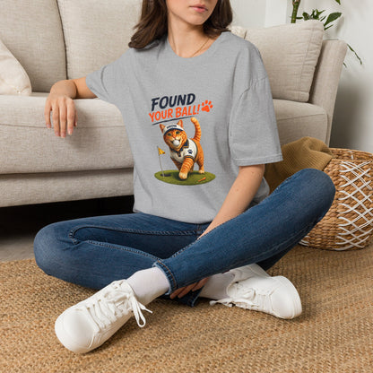 Found Your Ball funny cat golf T-shirt with orange tabby carrying a golf ball- sport grey