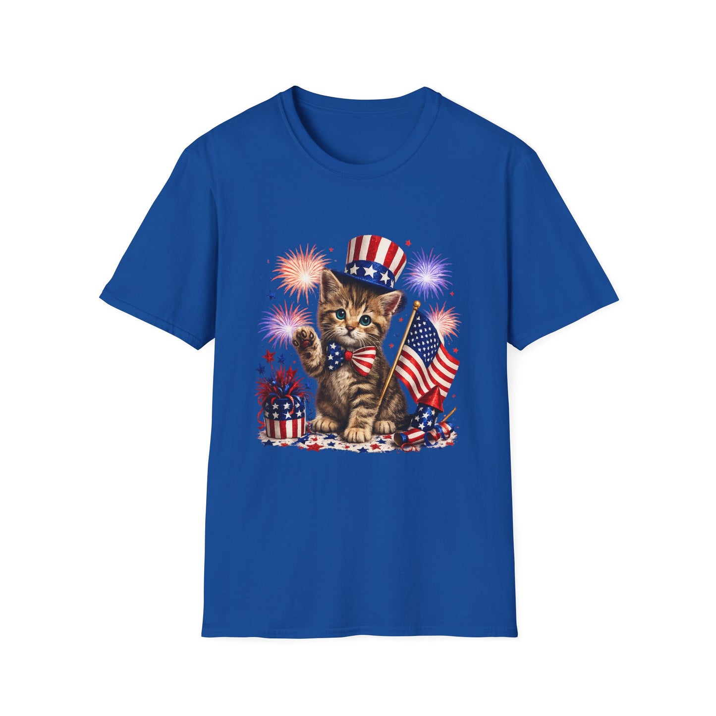 Blue t-shirt with a kitten wearing an American flag hat and holding a flag on a white background
