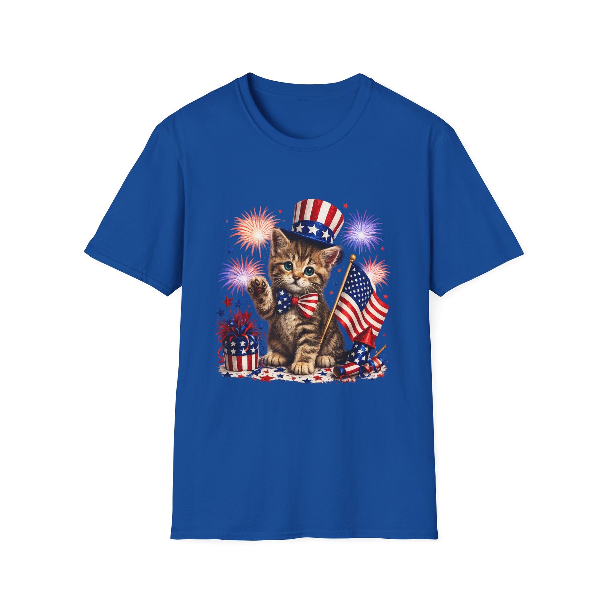Blue t-shirt with a kitten wearing an American flag hat and holding a flag on a white background