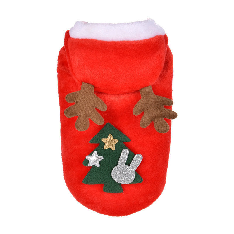 Red Christmas fleece pet costume with Reindeer design, shown from the  back 
