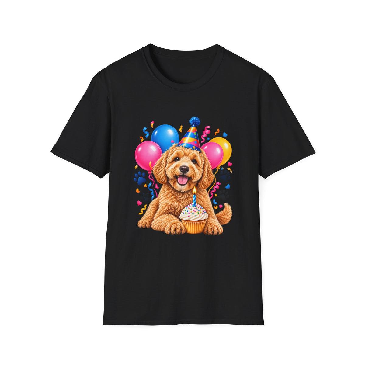 Black Birthday Dog T-Shirt with colorful puppy birthday party design