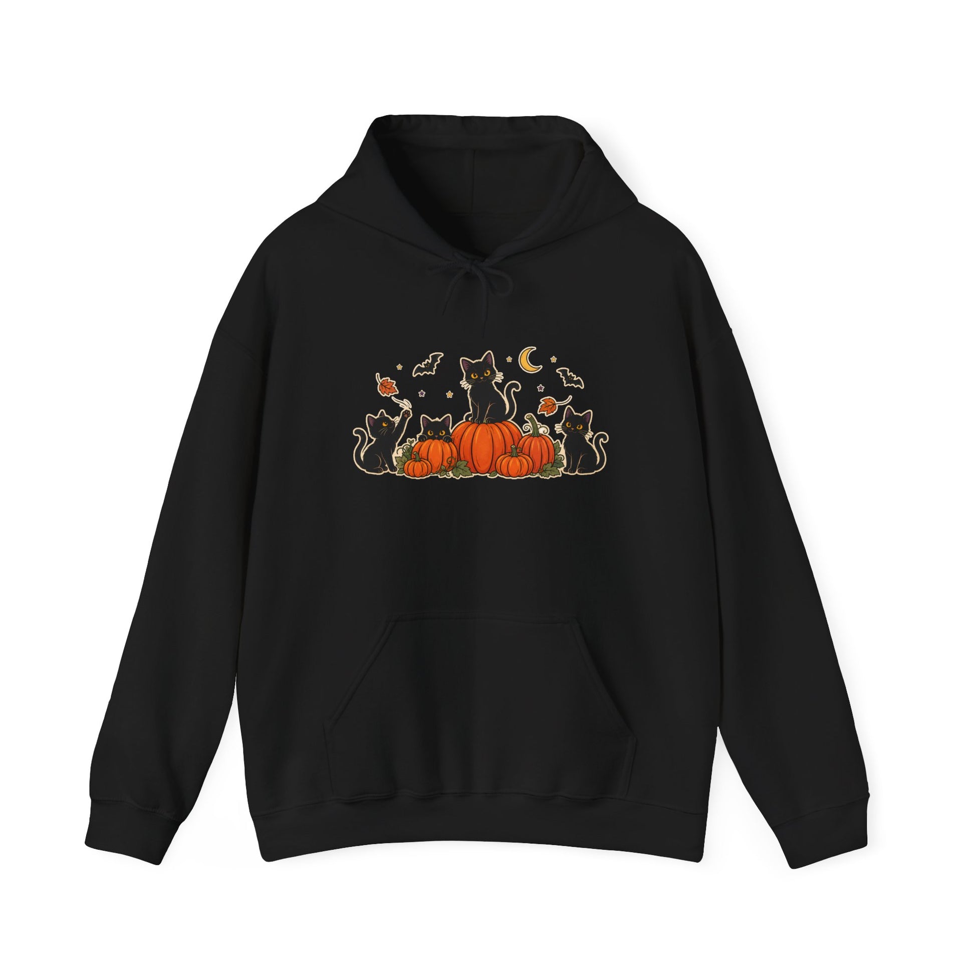 A black pullover hoodie with a front graphic of black cats sitting on orange pumpkins, surrounded by small bats, leaves, and a crescent moon, shown on a plain white background.