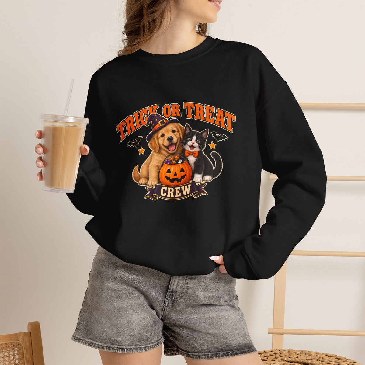 Trick or Treat Crew Halloween puppy and kitten sweatshirt in black
