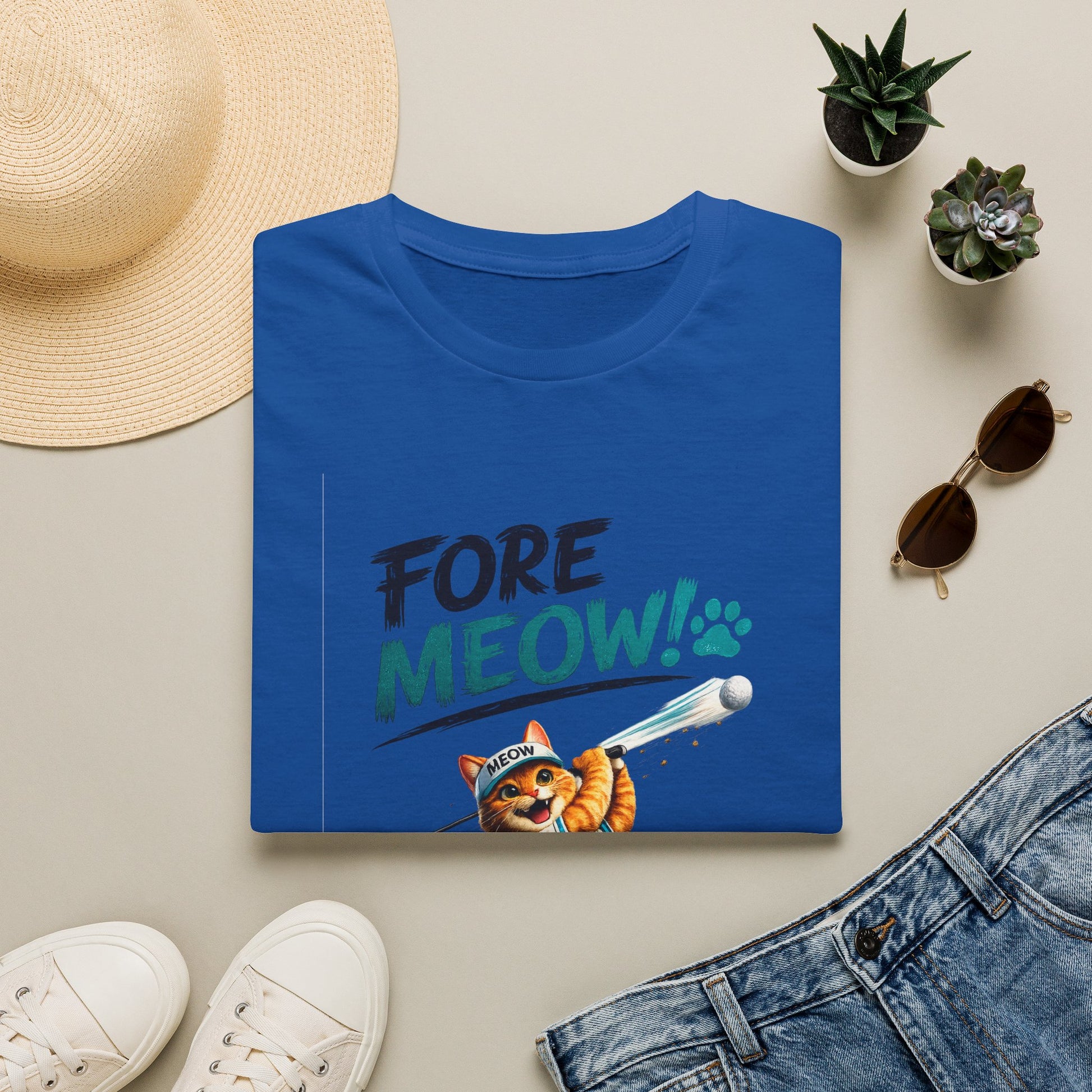 A folded royal blue T-shirt with a colorful graphic reading 'FORE MEOW!' and a cartoon cat holding a toy, styled in a flat lay with a straw hat, white sneakers, sunglasses, small potted plants, and denim shorts on a light beige background.