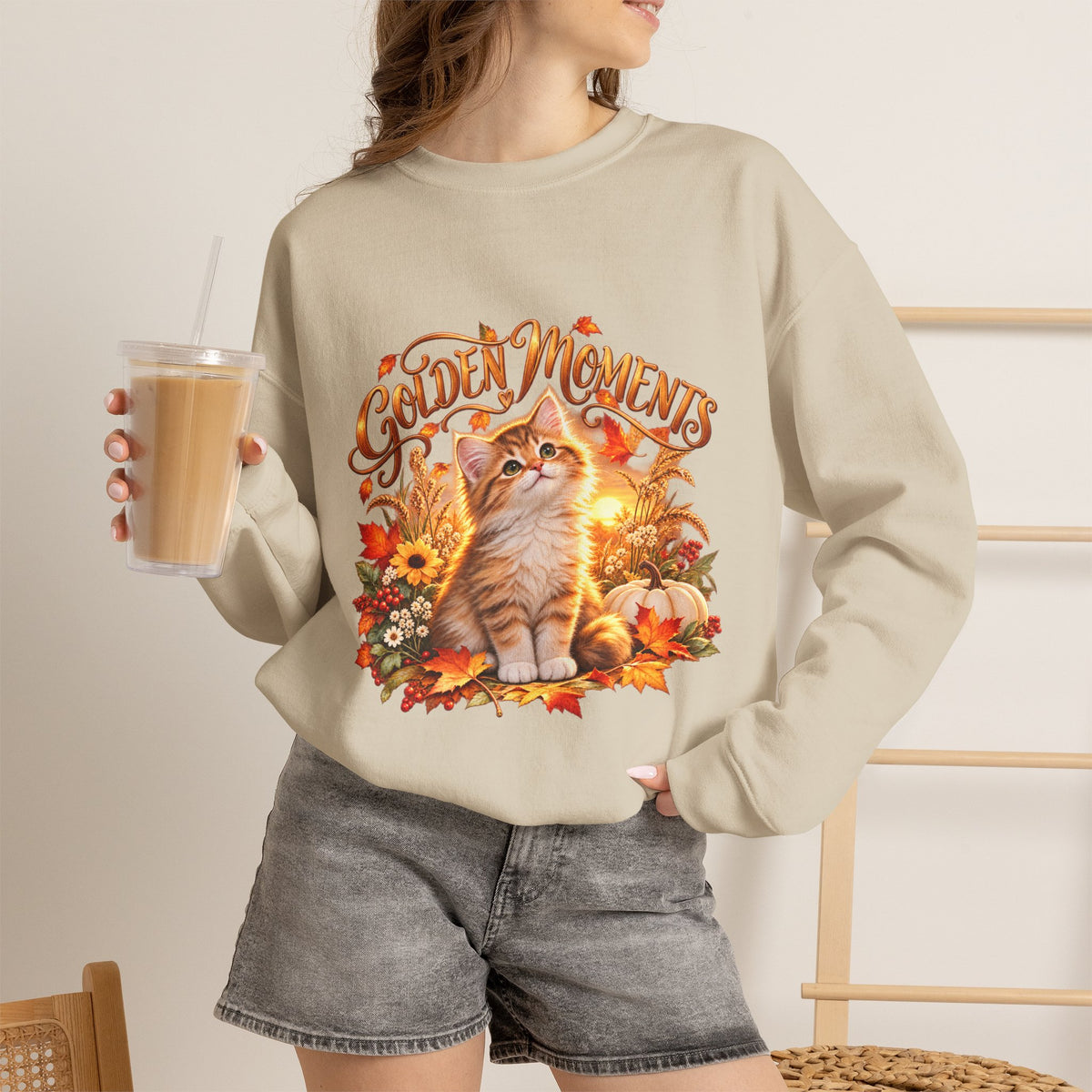 Sand crewneck sweatshirt with Golden Moments fall kitten, pumpkin and autumn floral design
