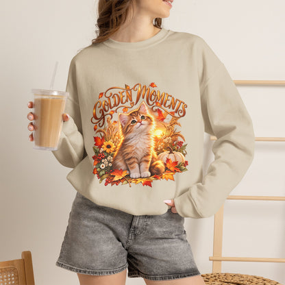 Sand crewneck sweatshirt with Golden Moments fall kitten, pumpkin and autumn floral design
