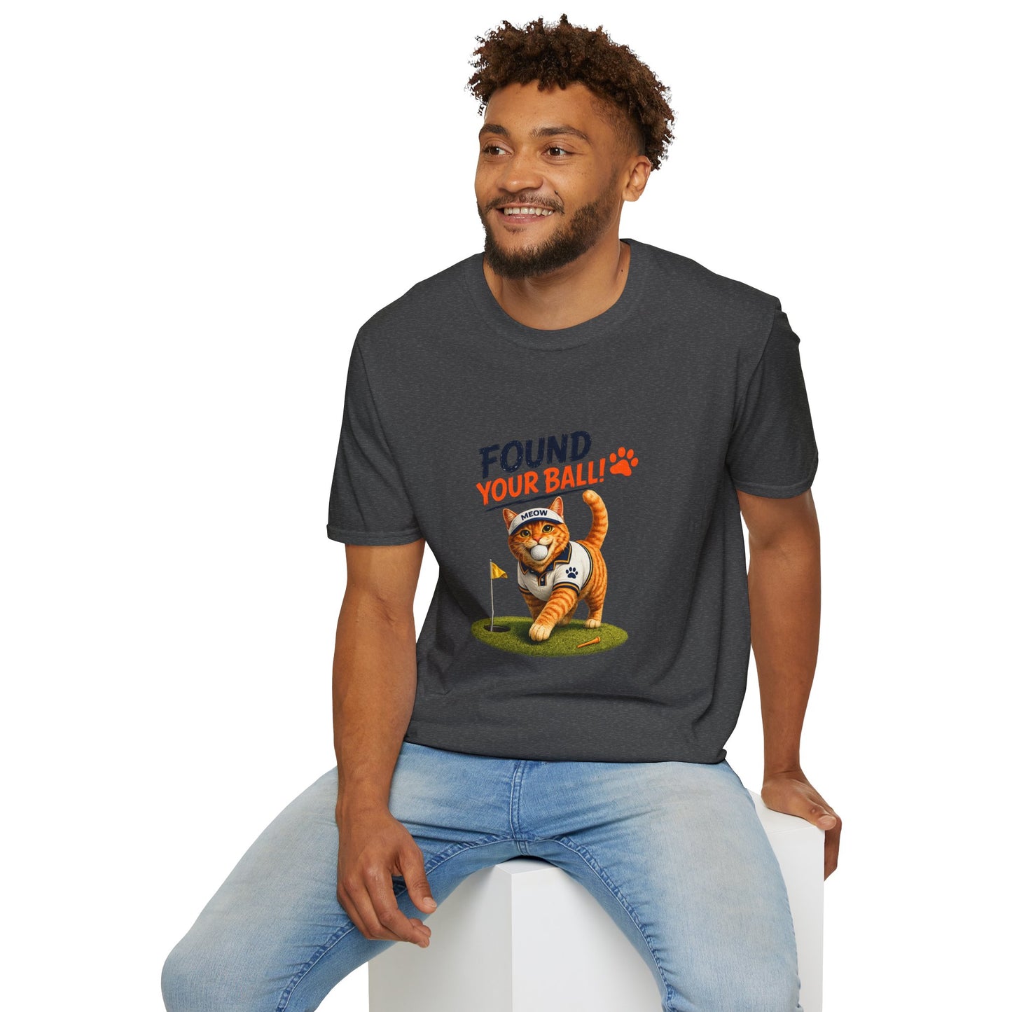 Found Your Ball funny cat golf T-shirt with orange tabby carrying a golf ball- dark heather