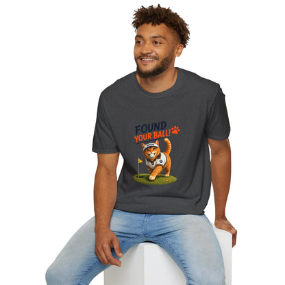Found Your Ball funny cat golf T-shirt with orange tabby carrying a golf ball- dark heather