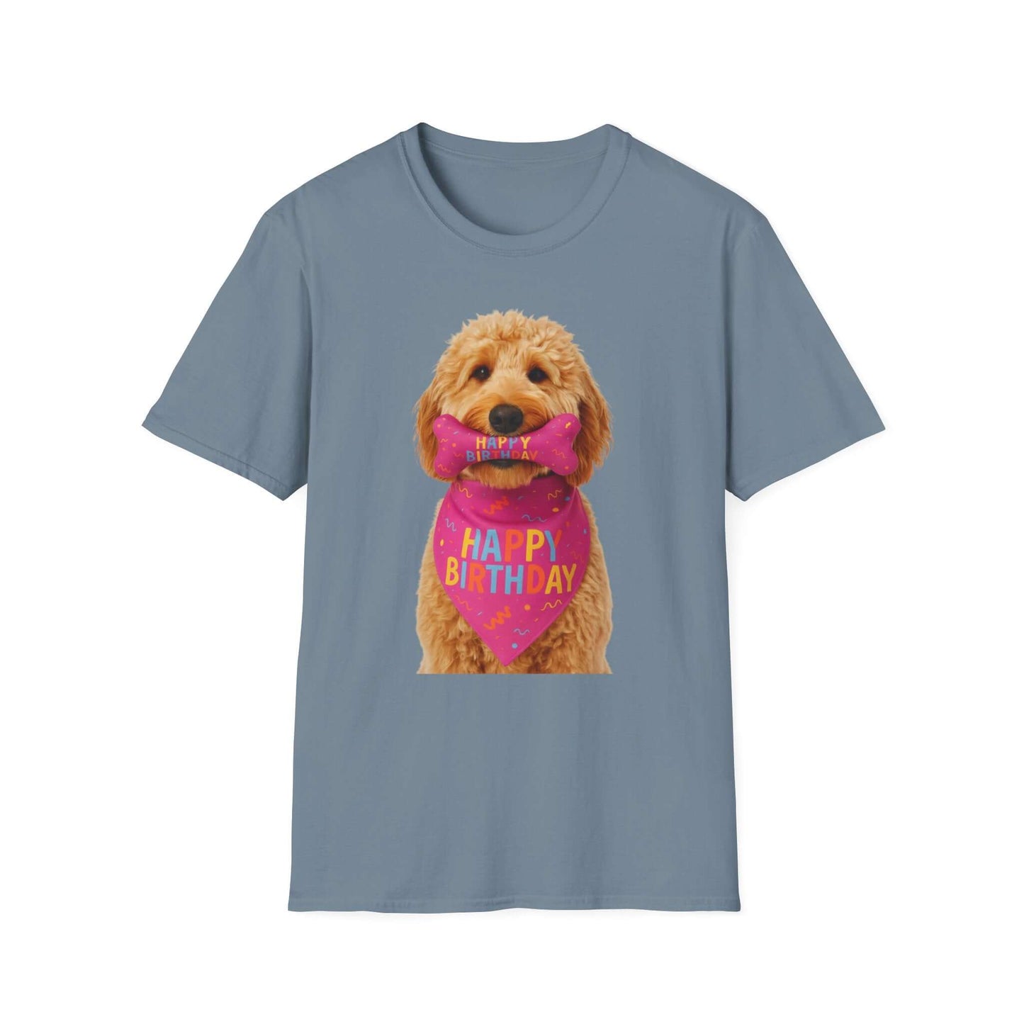 Birthday Dog T-Shirt featuring a playful dog in a birthday scarf, perfect pet supplies for dog lovers.