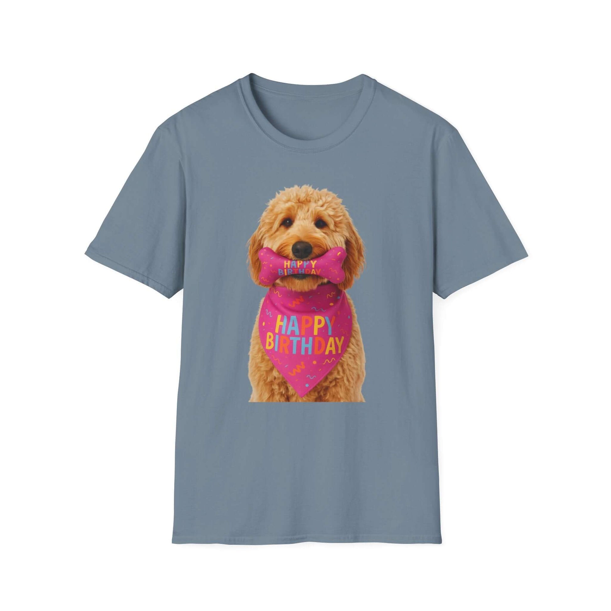 Birthday Dog T-Shirt featuring a playful dog in a birthday scarf, perfect pet supplies for dog lovers.