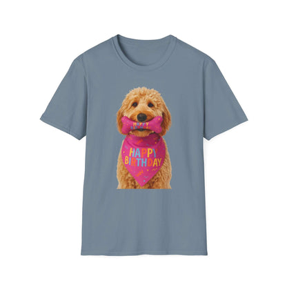 Birthday Dog T-Shirt featuring a playful dog in a birthday scarf, perfect pet supplies for dog lovers.