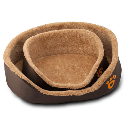 Two brown pet beds with paw prints on a white background