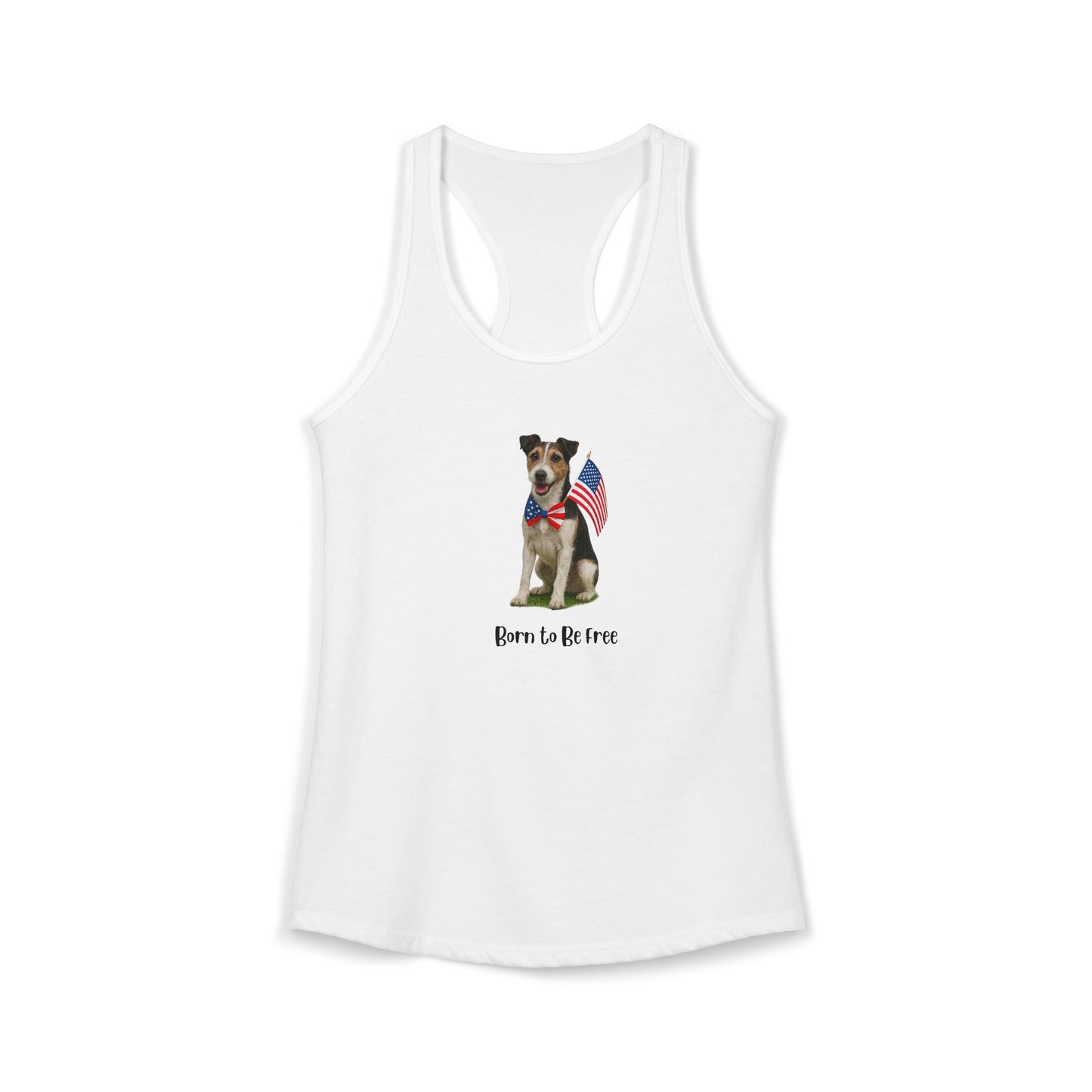 White tank top with a dog graphic and 'Born to be Free' text on a white background