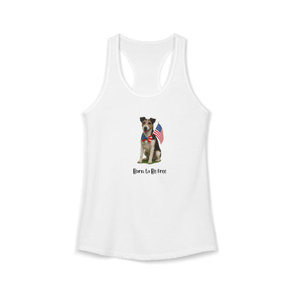 White tank top with a dog graphic and 'Born to be Free' text on a white background