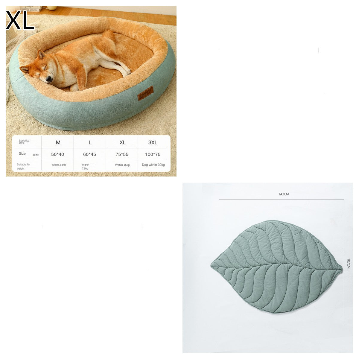 Pet bed with a dog inside, size chart, and leaf-shaped cushion on a white background