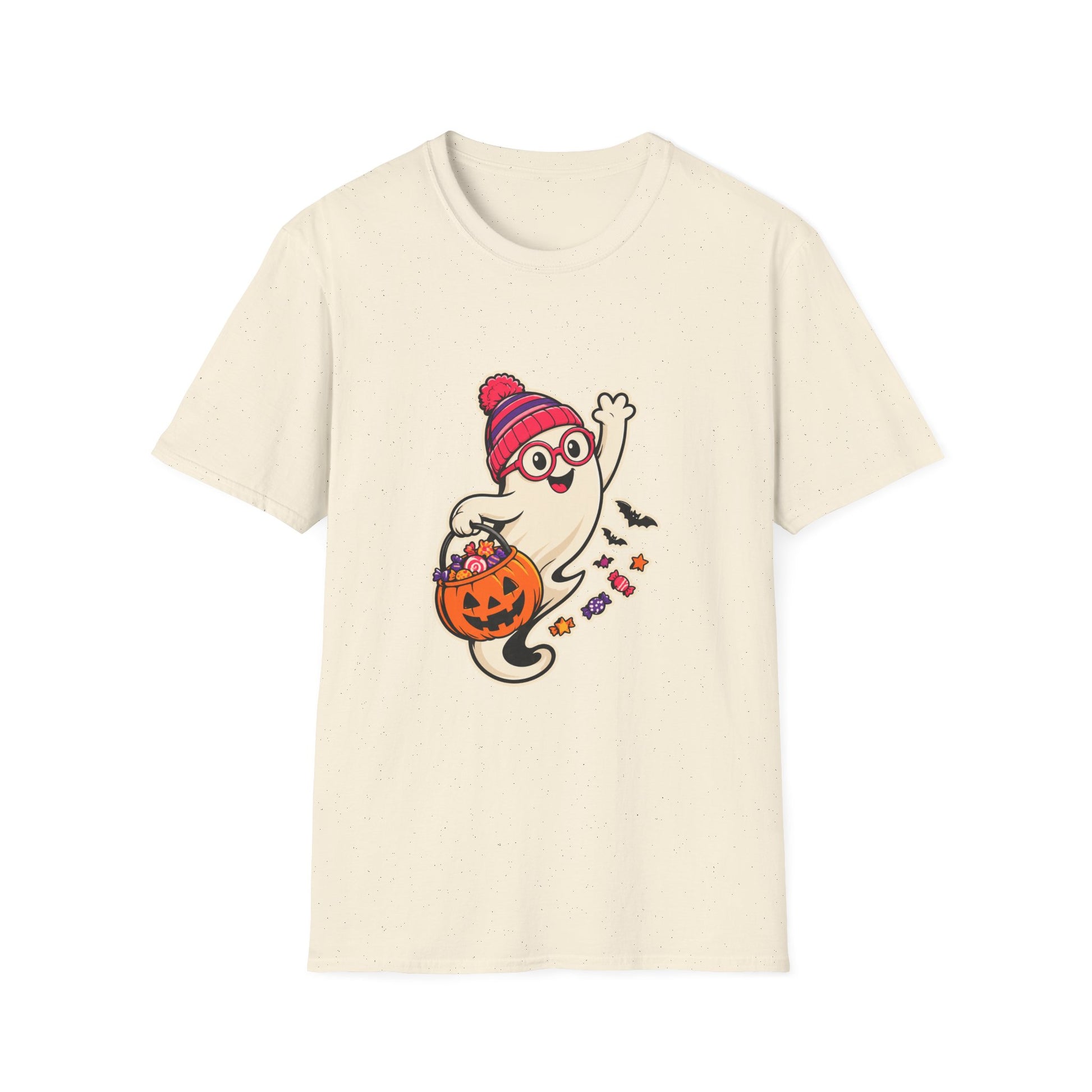 An off-white short-sleeve crewneck t-shirt featuring a cartoon graphic of a cute ghost wearing a red and purple striped beanie and glasses, holding a jack-o'-lantern bucket filled with candy.
