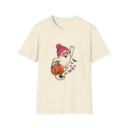 An off-white short-sleeve crewneck t-shirt featuring a cartoon graphic of a cute ghost wearing a red and purple striped beanie and glasses, holding a jack-o'-lantern bucket filled with candy.