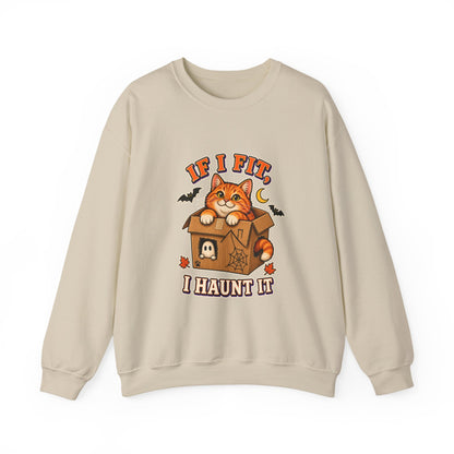If I Fit I Haunt It Halloween cat sweatshirt in sand
Orange tabby in haunted cardboard box on Halloween sweatshirt