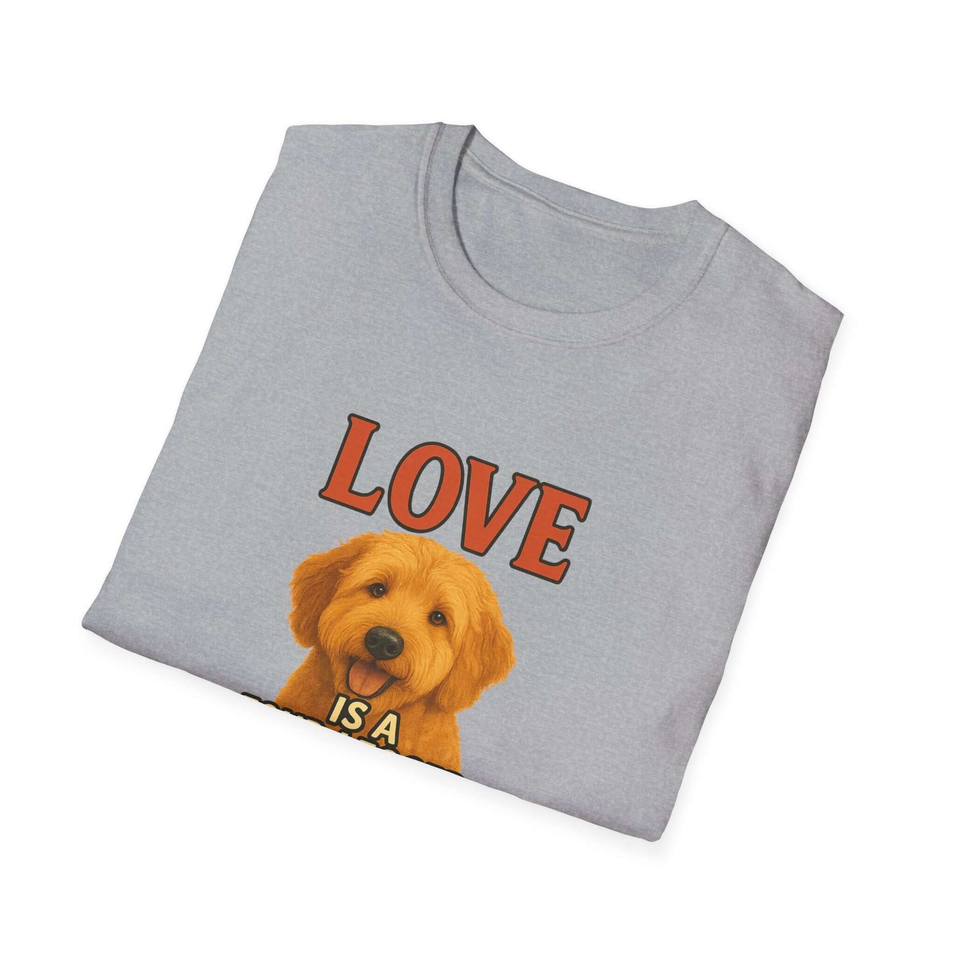 Goldendoodle Tee: "Love Is a Four-Legged Word" for dog lovers, featuring an adorable Goldendoodle pup.