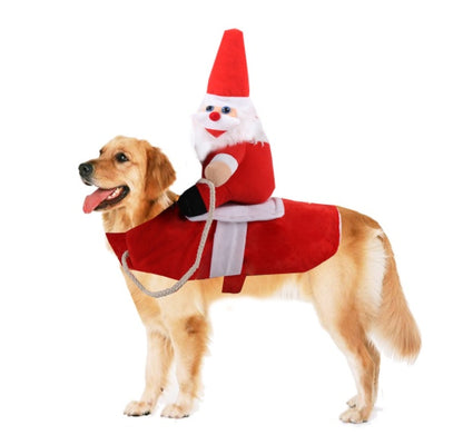 Dog wearing a Santa costume with a small Santa figure on a white background