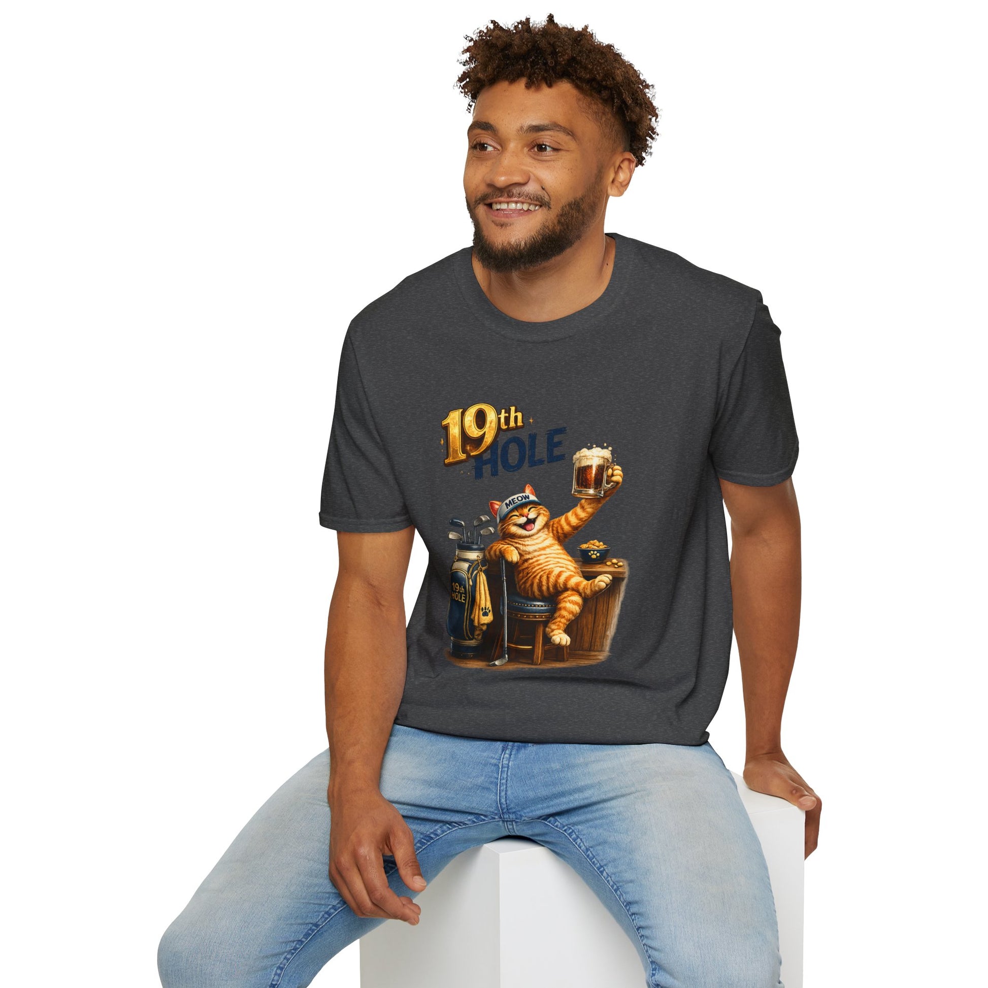 19th Hole funny cat golf T-shirt in dark heather with orange tabby golfer